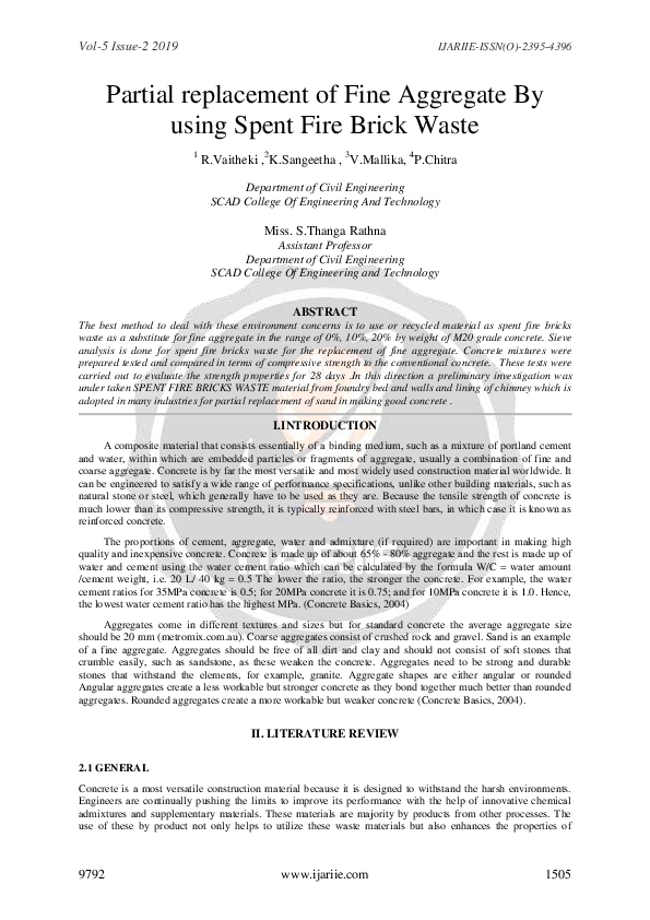 (PDF) Partial Replacement of Fine Aggregate by Using Spent Fire Brick Waste