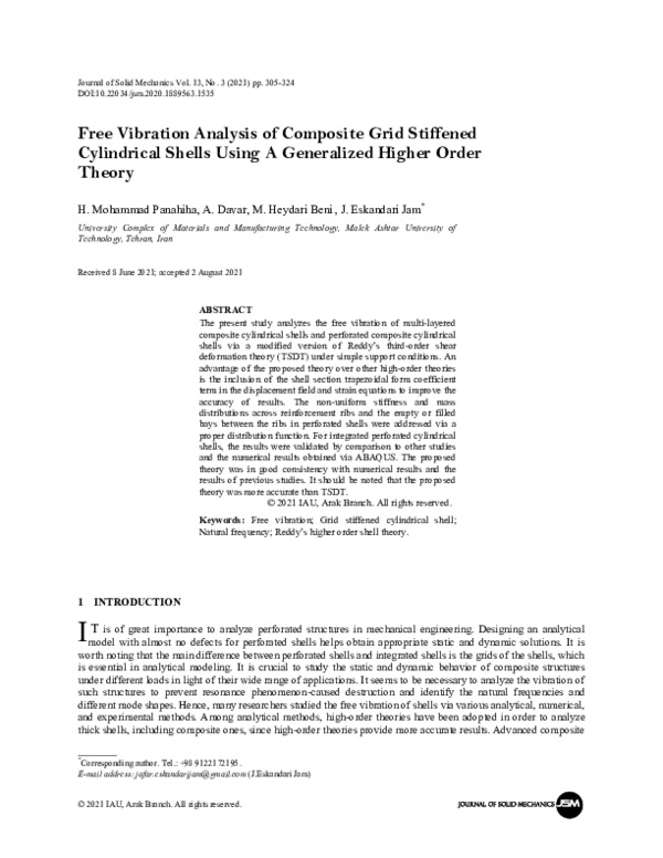 (PDF) Free Vibration Analysis of Composite Grid Stiffened Cylindrical ...