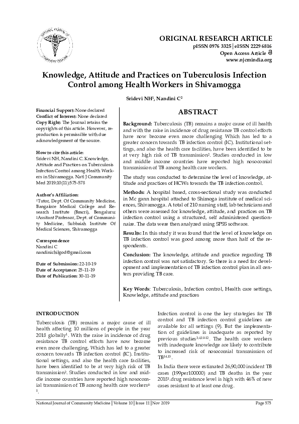 (PDF) Knowledge, Attitude and Practices on Tuberculosis Infection ...