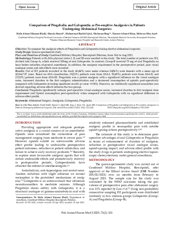 (PDF) Comparison of Pregabalin and Gabapentin as Pre-emptive Analgesics ...