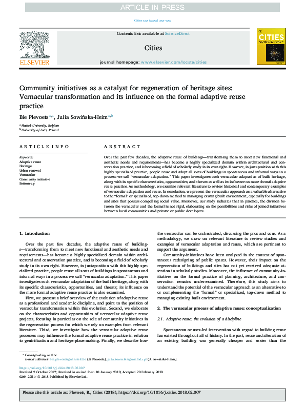 (PDF) Community initiatives as a catalyst for regeneration of heritage ...