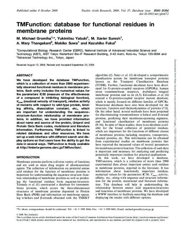 (PDF) TMFunction: database for functional residues in membrane proteins