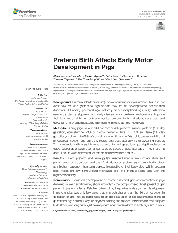 (PDF) Preterm Birth Affects Early Motor Development in Pigs