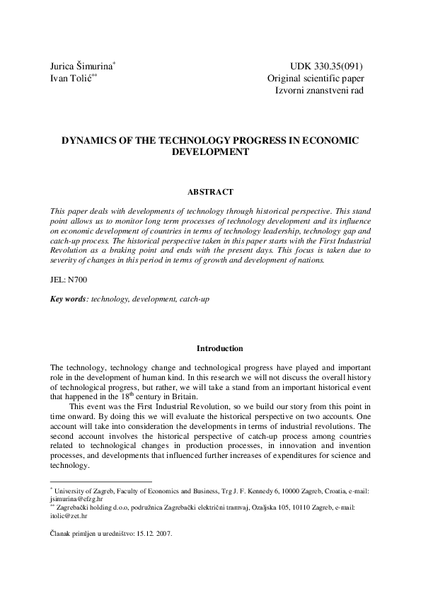 Pdf Dynamics Of The Technology Progress In Economic Development