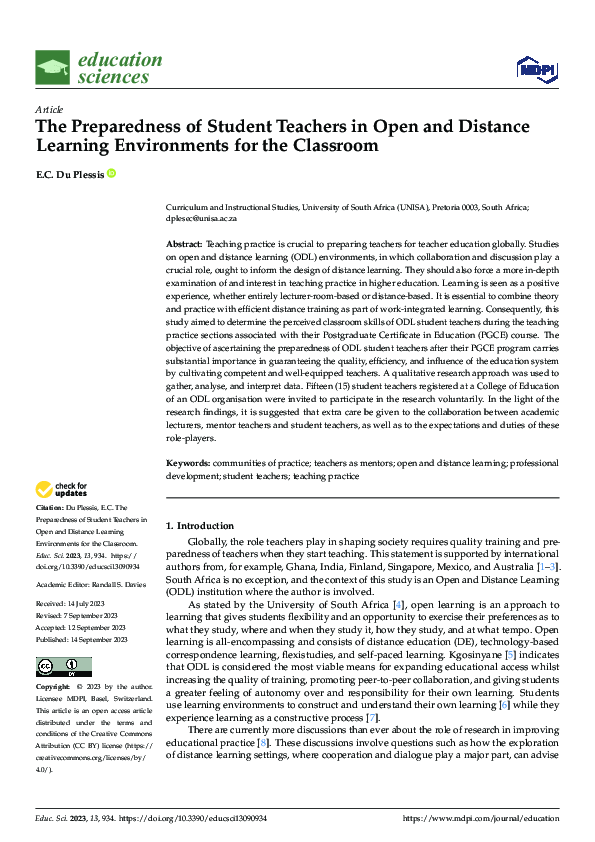 (PDF) The Preparedness of Student Teachers in Open and Distance ...