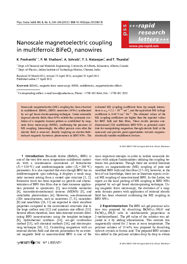 (PDF) Nanoscale magnetoelectric coupling in multiferroic BiFeO3 nanowires