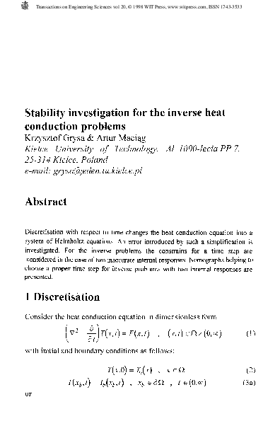 (PDF) Stability Investigation For The Inverse HeatConduction Problems