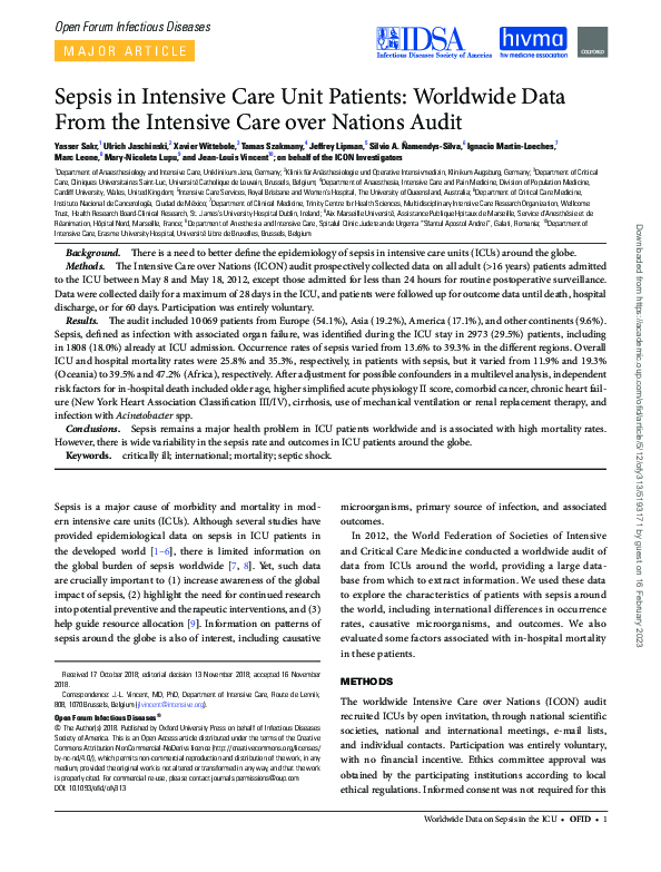(PDF) Sepsis in Intensive Care Unit Patients: Worldwide Data From the ...