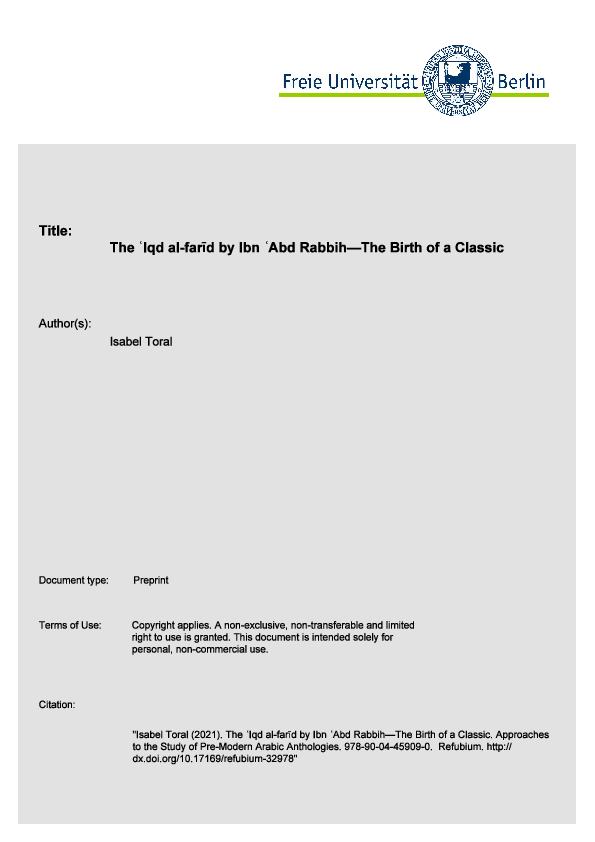 (PDF) The ʿIqd al-farīd by Ibn ʿAbd Rabbih: The Birth of a Classic