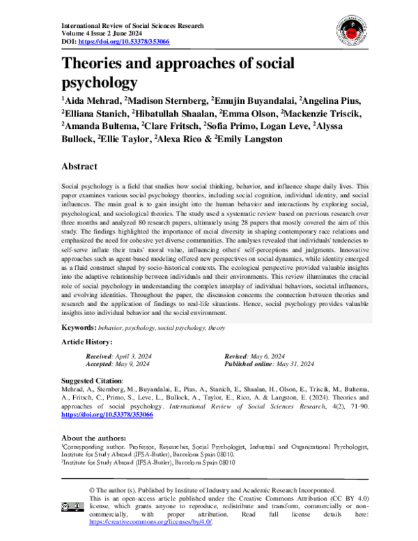 (PDF) Theories and approaches of social psychology