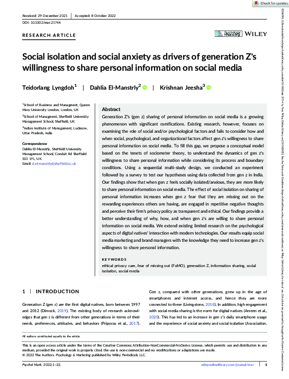 (PDF) Social isolation and social anxiety as drivers of generation Z's ...