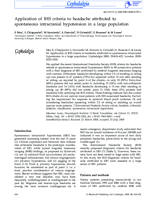 (PDF) Application of IHS Criteria to Headache Attributed to Spontaneous ...