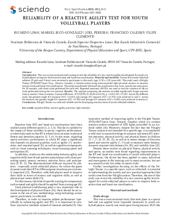 (PDF) Reliability of a Reactive Agility Test for Youth Volleyball Players