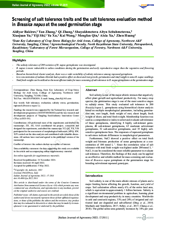(PDF) Screening of salt tolerance traits and the salt tolerance ...