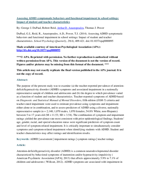 (PDF) Assessing ADHD symptomatic behaviors and functional impairment in ...