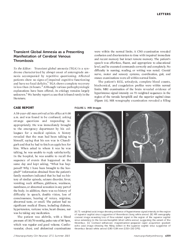 (PDF) Transient Global Amnesia as a Presenting Manifestation of ...