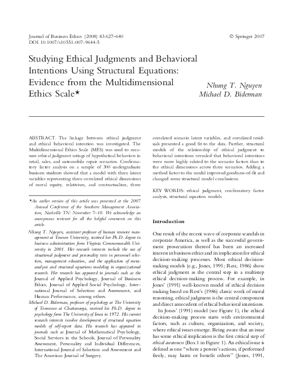 (PDF) Studying Ethical Judgments and Behavioral Intentions Using ...