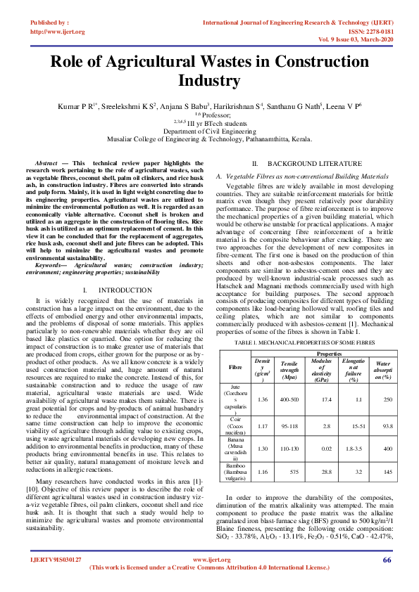 (PDF) Role of Agricultural Wastes in Construction Industry