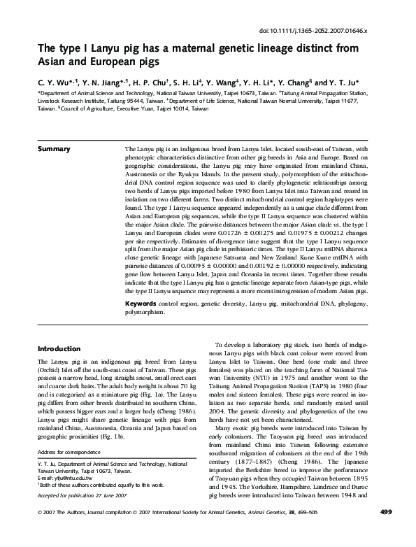 (PDF) The type I Lanyu pig has a maternal genetic lineage distinct from ...