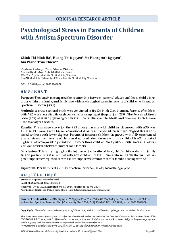 (PDF) Psychological Stress in Parents of Children with Autism Spectrum ...