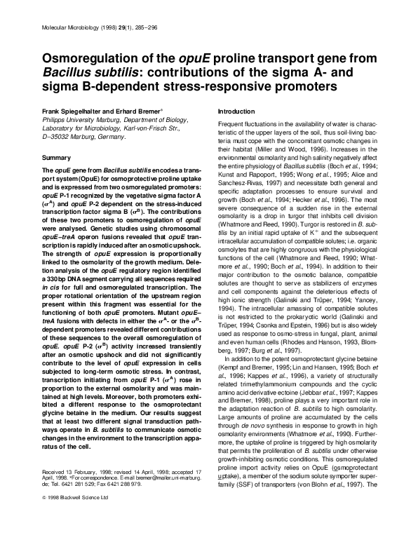 (PDF) Osmoregulation of the opuE proline transport gene from Bacillus ...