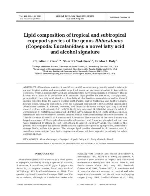 (PDF) Lipid composition of tropical and subtropical copepod species of ...