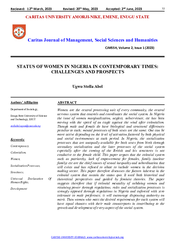 (PDF) STATUS OF WOMEN IN NIGERIA IN CONTEMPORARY TIMES: CHALLENGES AND ...