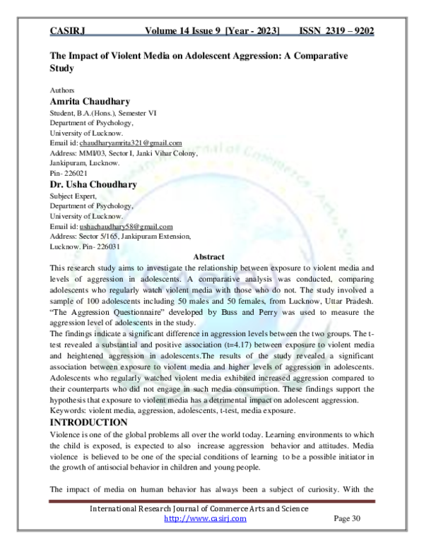 (PDF) The Impact of Violent Media on Adolescent Aggression: A ...