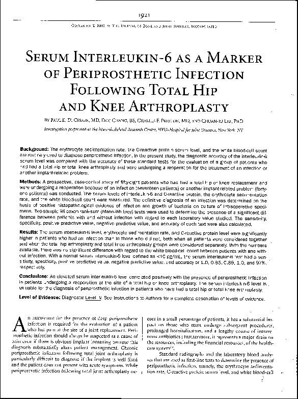 (PDF) Serum INTERLEUKIN-6 as a Marker of Periprosthetic Infection ...