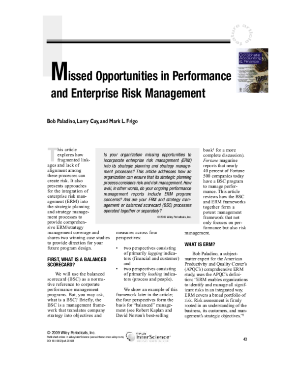 (PDF) Missed opportunities in performance and enterprise risk management