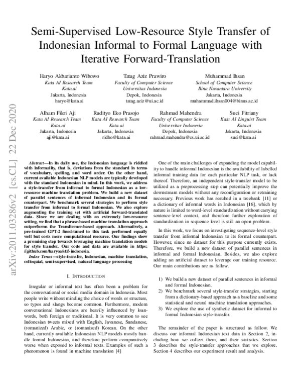 (PDF) Semi-Supervised Low-Resource Style Transfer of Indonesian ...