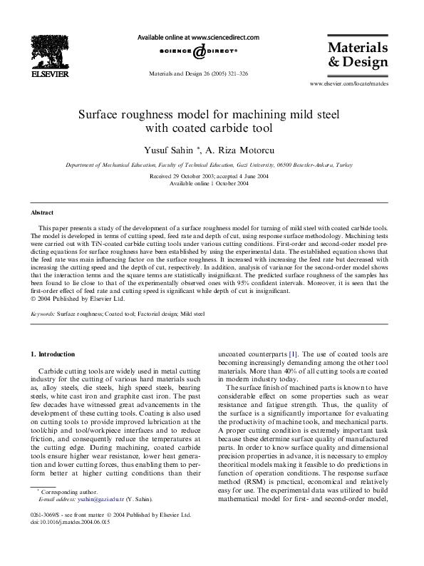 (PDF) Surface roughness model for machining mild steel with coated ...