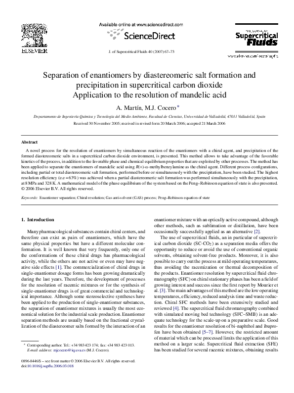 (PDF) Separation of enantiomers by diastereomeric salt formation and ...