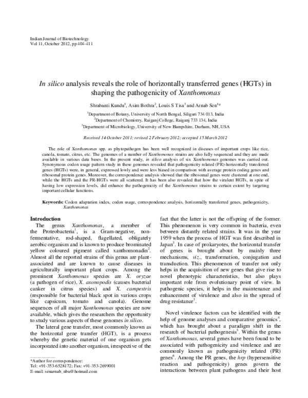 (PDF) In silico analysis reveals the role of horizontally transferred ...