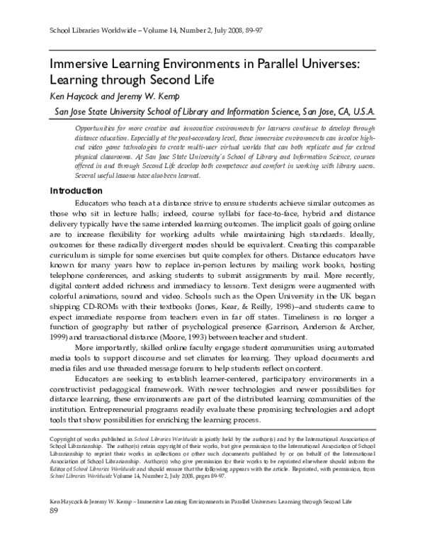 (PDF) Immersive Learning Environments in Parallel Universes: Learning ...