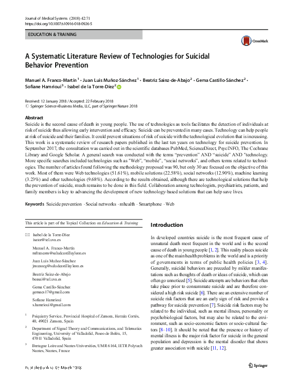 (PDF) A Systematic Literature Review of Technologies for Suicidal ...