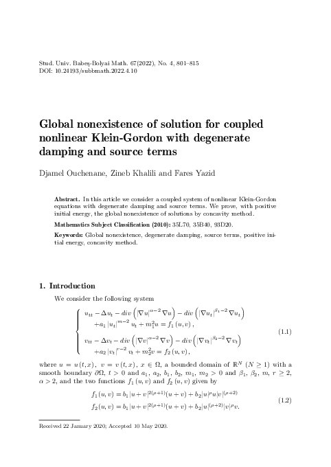 (PDF) Global nonexistence of solution for coupled nonlinear Klein ...