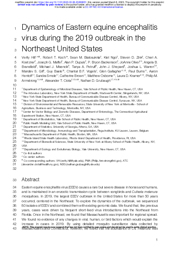 (PDF) Dynamics of Eastern equine encephalitis virus during the 2019 ...