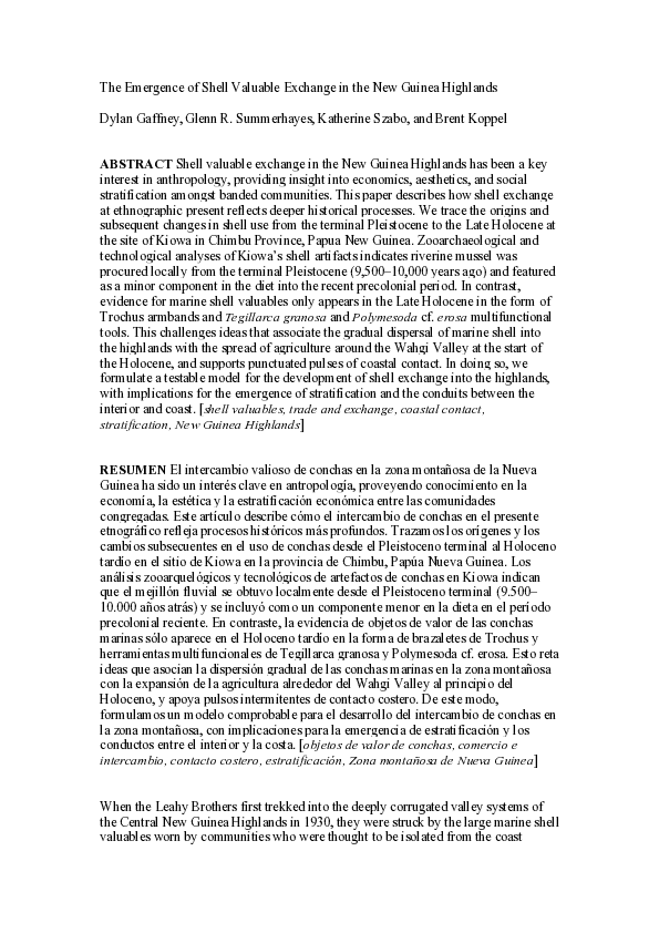(PDF) The Emergence of Shell Valuable Exchange in the New Guinea Highlands