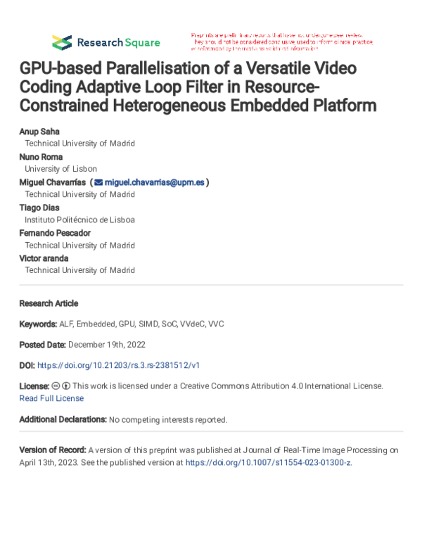 (PDF) GPU-based Parallelisation of a Versatile Video Coding Adaptive ...