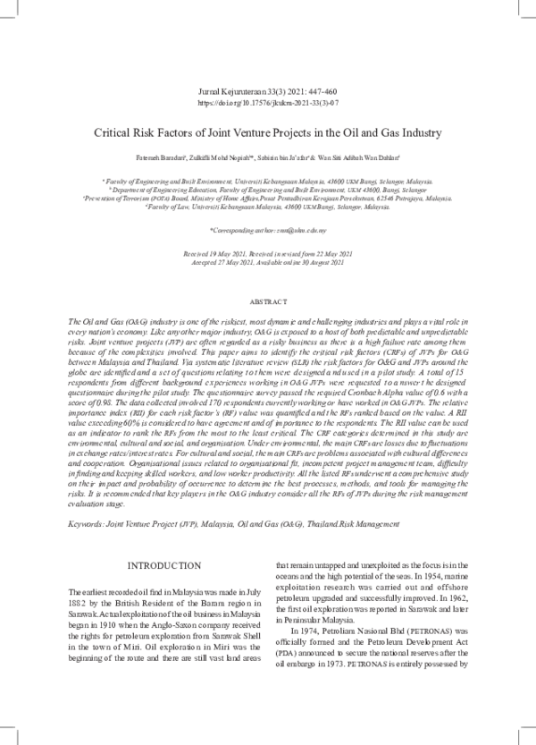 (PDF) Critical Risk Factors of Joint Venture Projects in the Oil and ...