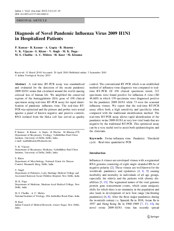 (PDF) Diagnosis of Novel Pandemic Influenza Virus 2009 H1N1 in ...