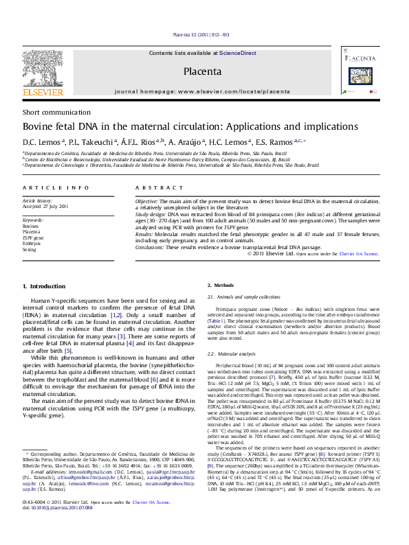 (PDF) Bovine fetal DNA in the maternal circulation: Applications and ...