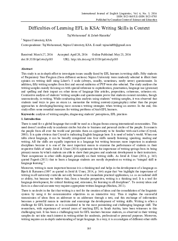 (PDF) Difficulties of Learning EFL in KSA: Writing Skills in Context