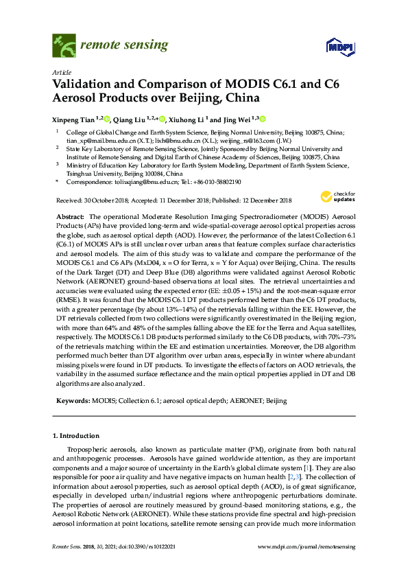 (PDF) Validation and Comparison of MODIS C6.1 and C6 Aerosol Products ...
