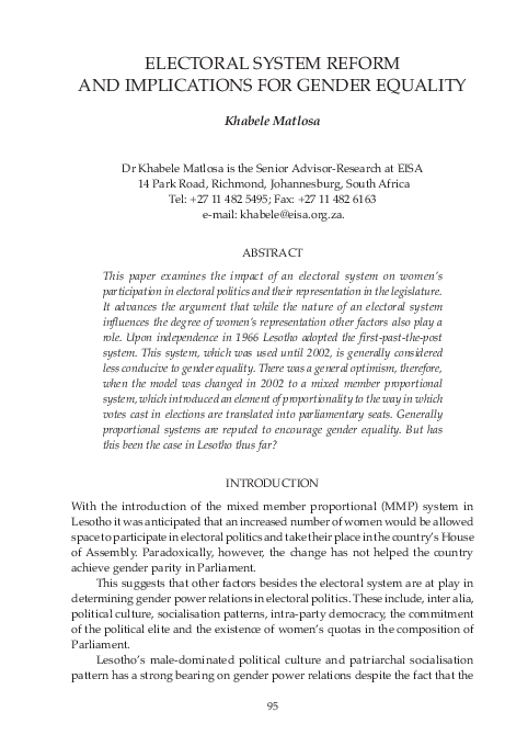 (PDF) Electoral System Reform and Implications for Gender Equality