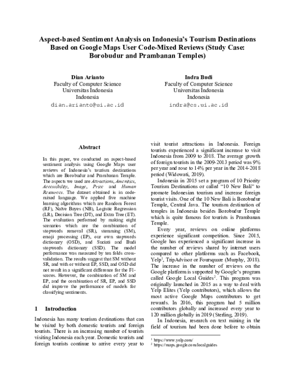 (PDF) Aspect-based Sentiment Analysis on Indonesia’s Tourism ...