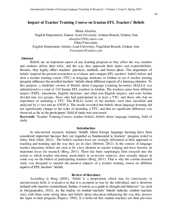 (PDF) Impact of Teacher Training Course on Iranian EFL Teachers’ Beliefs