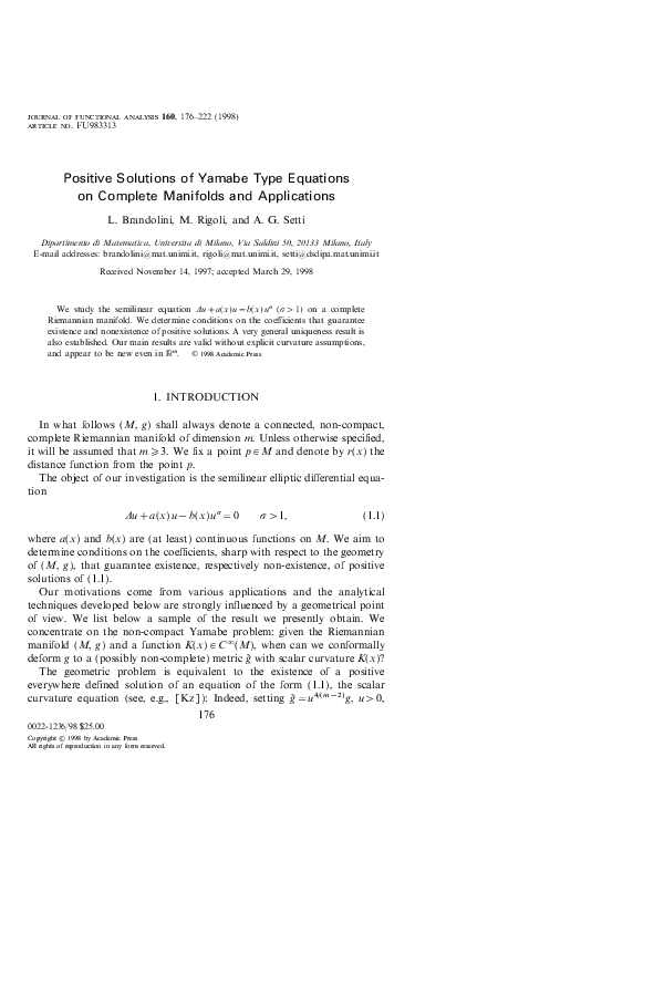 (PDF) Positive Solutions of Yamabe Type Equations on Complete Manifolds ...