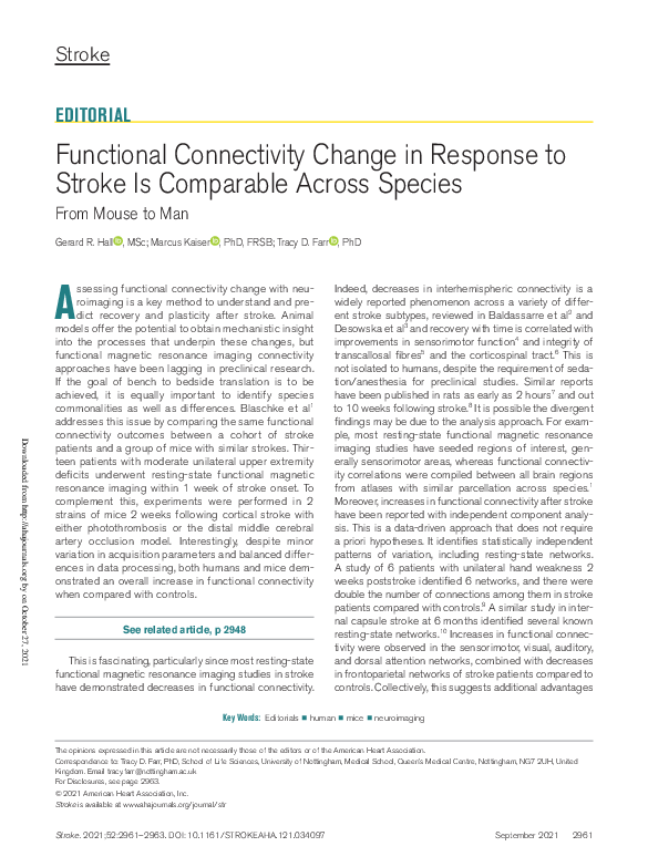 (PDF) Functional Connectivity Change in Response to Stroke Is ...